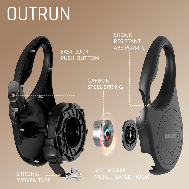 OUTRUN Retractable Dog Leash 16.5 FT Walking Leash up to 55 Lbs, Strong Nylon Tape No Tangle, Heavy Duty One-Handed Brake Lock Perfect for Small & Medium Sized Dogs and Pets Black - PawsPlanet Australia
