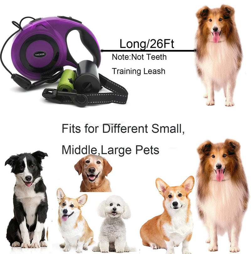 Heavy Duty Retractable Dog Leash 26ft,Pet Long Walking Leashes Leads for Small Medium Large Dogs Doggie Up to 110lbs (Purple) Purple - PawsPlanet Australia