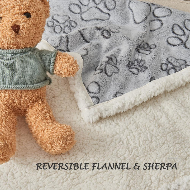 Qeils Pet Blankets for Couches, Waterproof Dog Blankets for Large Dogs, Sherpa Fleece Puppy Blanket, Soft Plush Reversible Dog Blanket, Couch Cover for Dogs Washable, 30"X70", Grey Paw Print Grey Paw Cut 30"x70" - PawsPlanet Australia