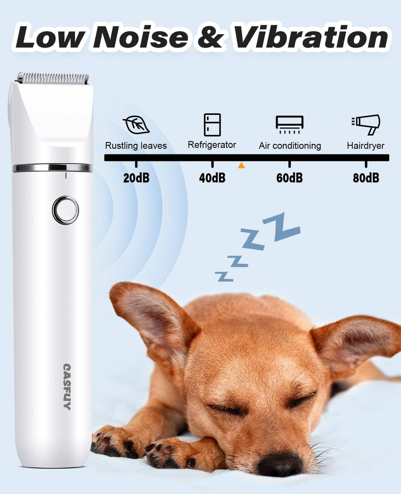 Casfuy Cordless Dog Paw Trimmer - Low Noise Small Dog Clippers with Double Blades USB Rechargeable Grooming Clipper for Dogs Cats and Small Pets for Trimming Hair around Paws, Eyes, Ears, Face, Rump White