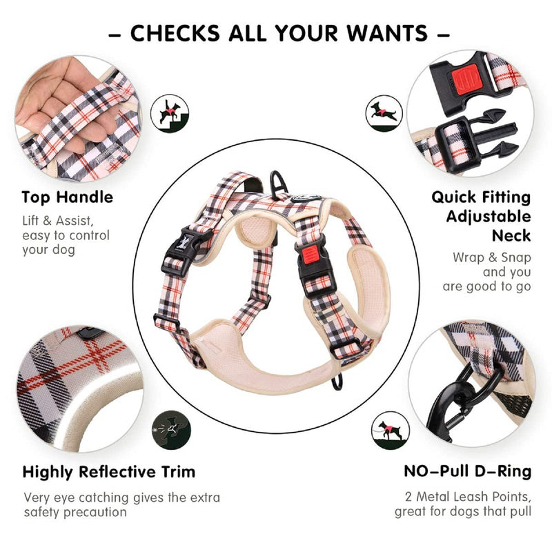 PoyPet Plaid Dog Harness, No Pull Front Clip Pet Vest Harness, Soft Padded Reflective Adjustable Walking Harness with Handle for Medium Dogs(Checkered Beige,M) Checkered Beige