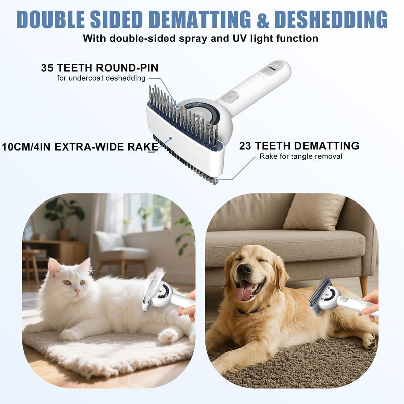 Double-Sided Pet Deshedding Dematting Comb & Steam Brush with 2 Spray Levels, Extra-Wide Detangling Undercoat Rake for Long-Hair Dogs & Cats Matted Fur, Knots, Rechargeable Grooming & Massage Tool - PawsPlanet Australia