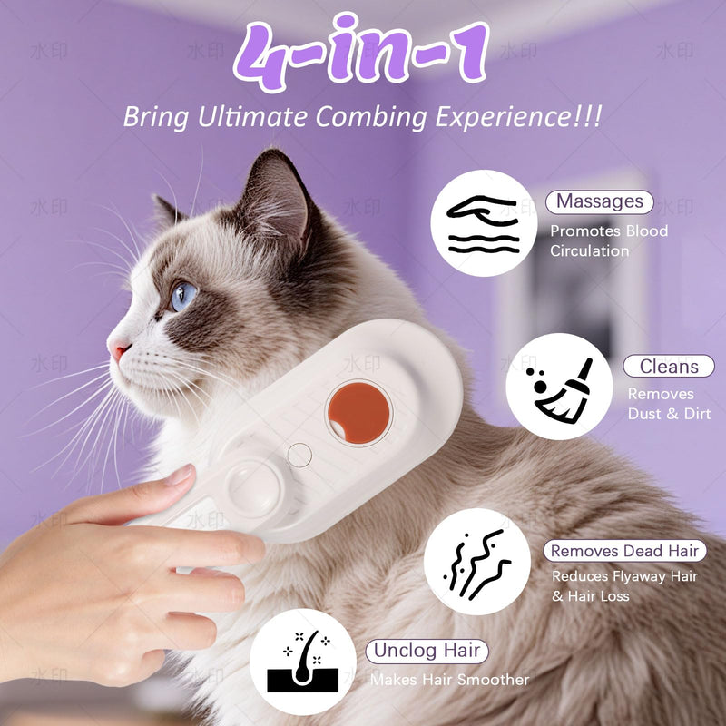 4 in 1 Cat & Dog Steam Brush Kit with 2 Comb Heads - Rechargeable Grooming Brush for Long/Short Hair Shedding, Anti-Static Steam Spray & Foldable Handle, Pet Spa Cleaning Tool (Purple) Purple - PawsPlanet Australia