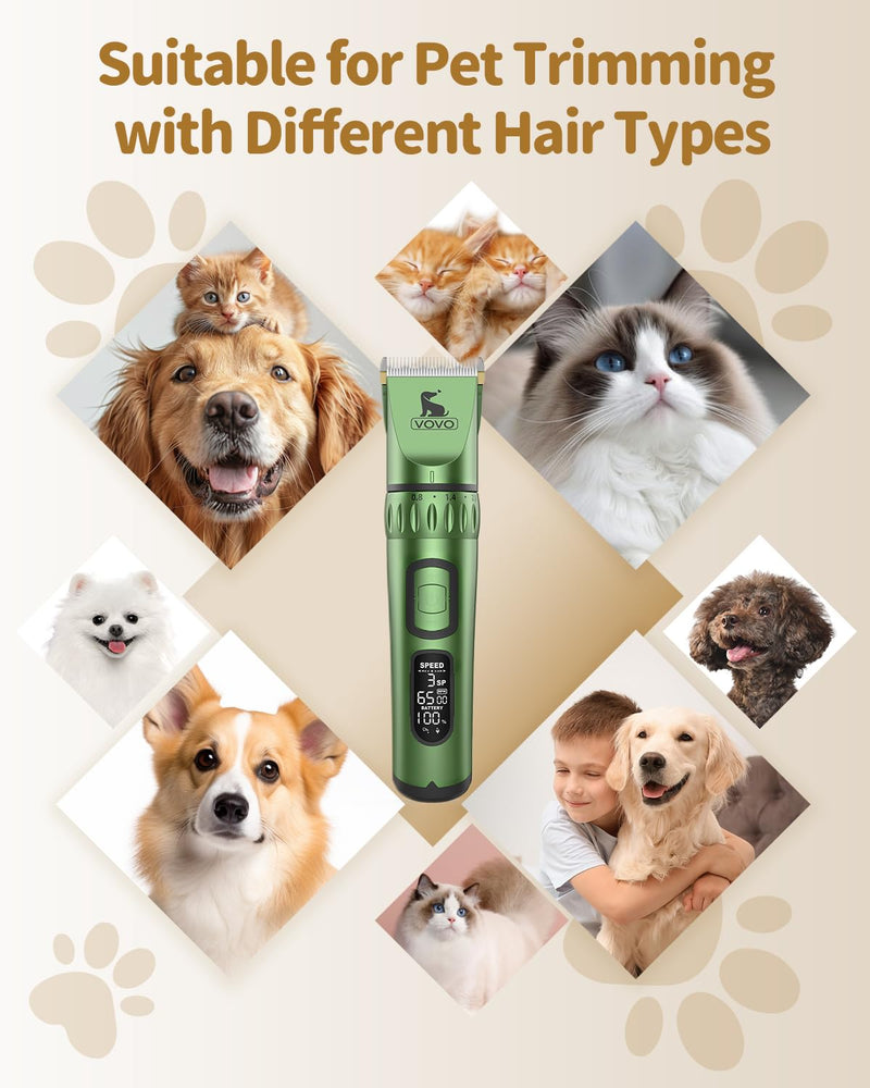 Vovo Dog Clippers for Grooming 3-Speed Heavy Duty Dog Hair Trimmers Low Noise Rechargeable Cordless Electric Super Quiet Dog Grooming Kit for Dogs Cats Pets(Green) Green - PawsPlanet Australia