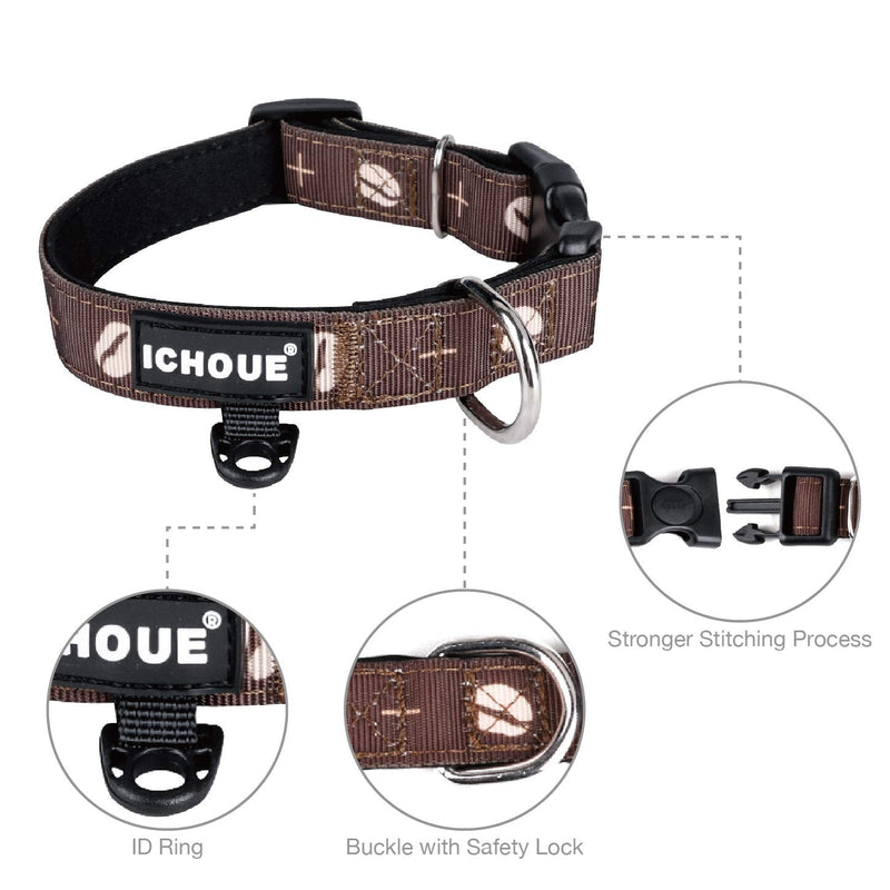 iChoue Original Print French Bulldog Collar with Leash Bandana Set Padded Adjustable for Frenchie Pug English Boston Terrier Dogs, Coffee Bean, Small Small ( 5 - 25 lbs ) Collar with Leash Bandana Coffee Bean