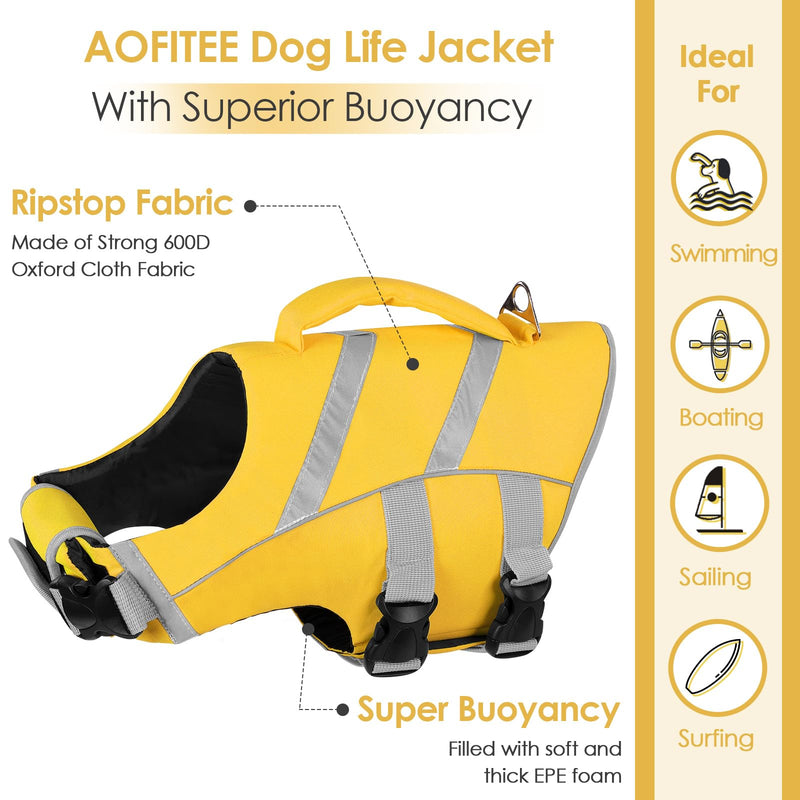 AOFITEE Dog Life Jacket Large, Dog Life Vest for Swimming, High Flotation Dog Swimming Vest with Rescue Handle and D-Ring, Reflective Dog Lifesavers Swimsuit for Swimming Pool Beach Boating XX-Large Yellow