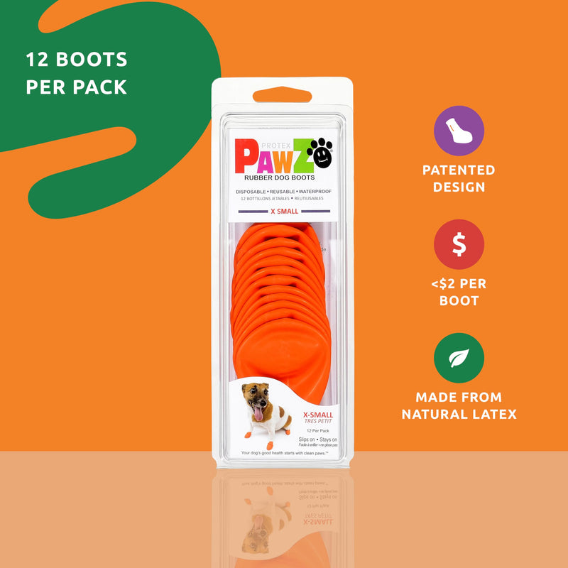 PawZ Rubber Dog Boots for Small Paws - All-Weather Waterproof Dog Shoes, Anti-Slip Traction for Rain, Snow, Mud & Hot Pavement - Pull-On Dog Booties, Orange - X-Small (1.5"-2") - Pack of 24
