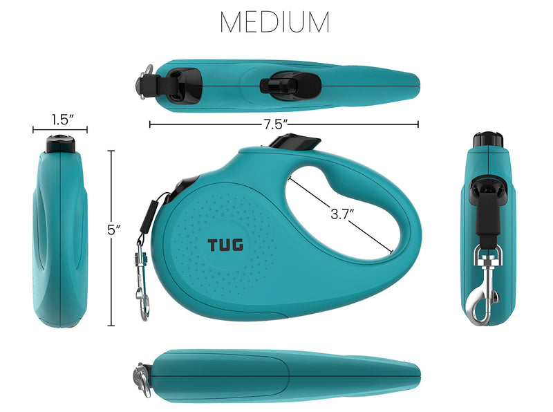 TUG Monochrome 360° Tangle-Free Retractable Dog Leash | 16 ft Strong Nylon Tape (Medium, Aqua) Medium, 16 ft