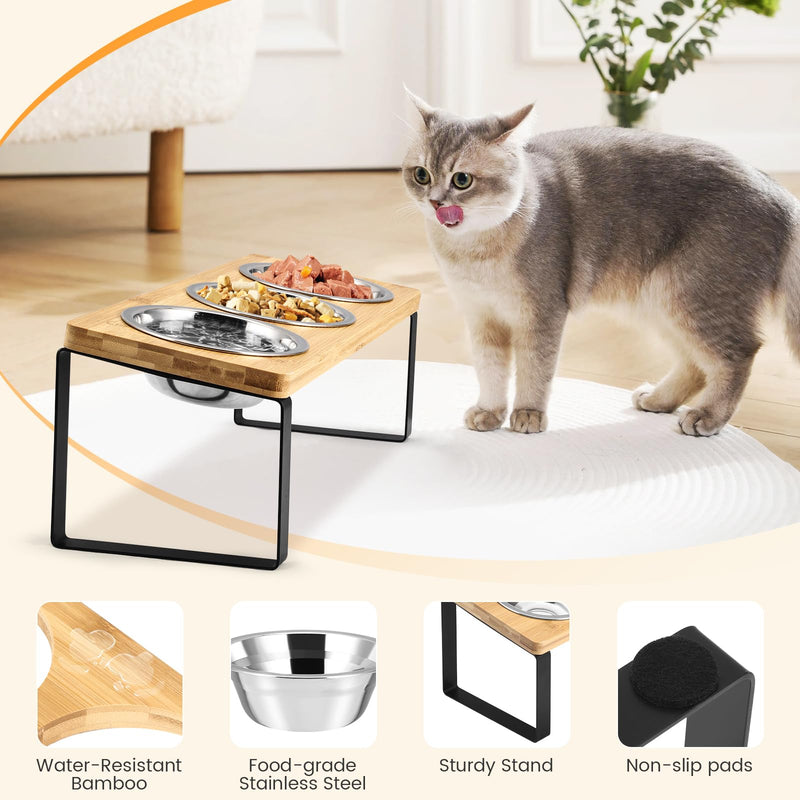 3pcs Cat Bowl with 15° Tilted Stand, Raised Cat Feeding Bowls Stainless Steels for Food and Water, Bamboo Elevated Feeder Bowls for Cats and Puppy, Anti Slip Tilted Feeding Station - PawsPlanet Australia