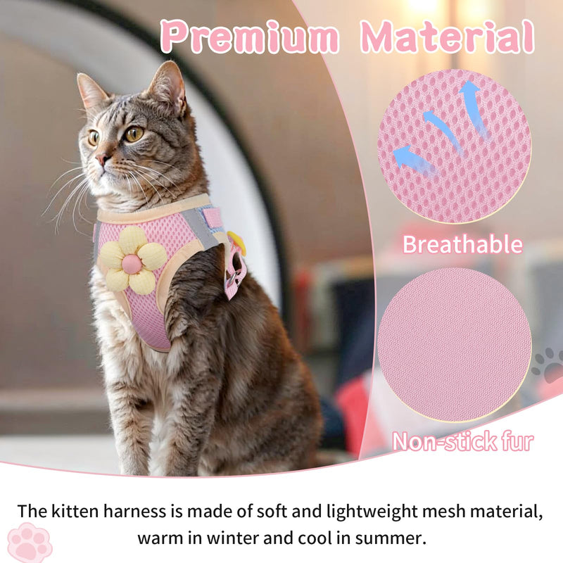 Cat Harness and Leash Set for Walking Escape Proof, Adjustable Kitten Harness Breathable Mesh with Reflective Strips Harness with Flower for Kitty Puppy Bunny Sakura pink Extra Small - PawsPlanet Australia