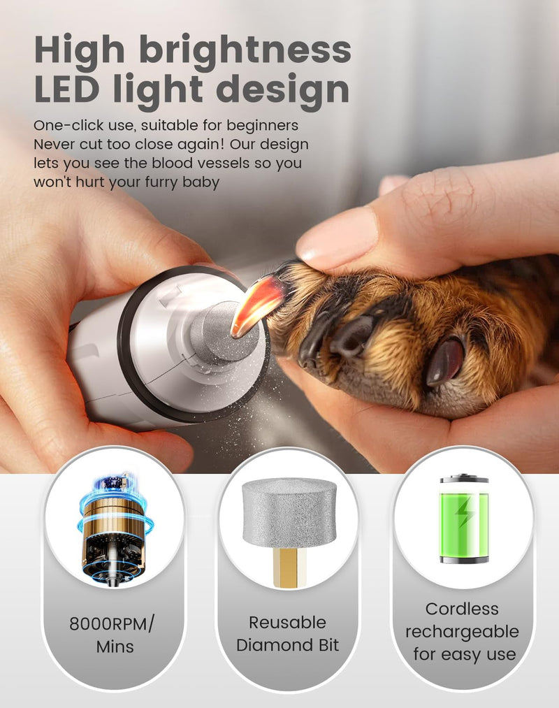 PAPMINI 2 in 1 Dog Nail Grinder and Dog Paw Trimmer, Quiet Painless Electric Dog Nail Trimmers for Large Medium Small Dogs&Cats, Cordless Clipper for Nails, Paws, Ears, Eyes, Rump&Body Grooming（White White
