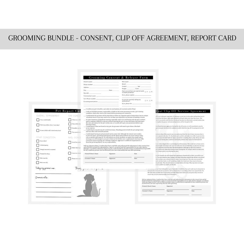 Pet Grooming Intake Forms, Consent & Release, Matted Coat Clip-Off Agreement, Pet Report Card | 50 pk, 25 of each, dbl sided | 8.5x11” Groomer Signature Client Grooming Tips Black and White Minimalist - PawsPlanet Australia