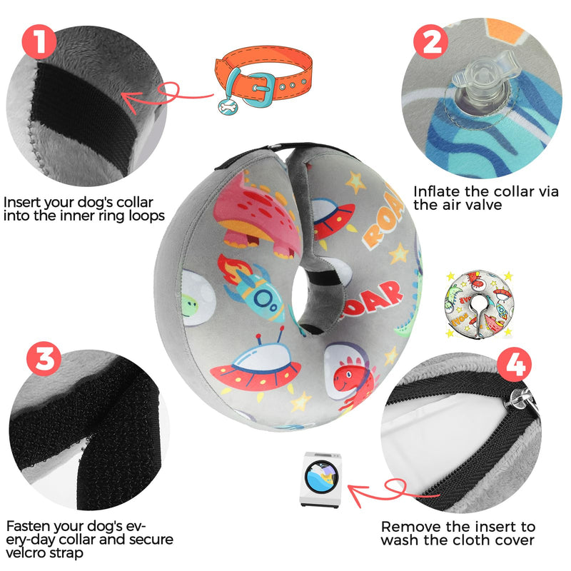 PAWCHIE Inflatable Dog Cone Collar Alternative, Soft Dog Cone for Medium to Large Dogs After Surgery, Adjustable Neck Recovery E-Collars Donut Collar with Cute Dinosaur Prints, Grey L L(Neck:16"-18")