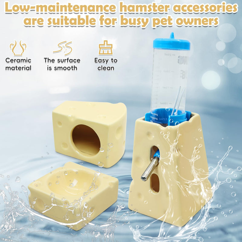 PINVNBY Ceramic Hamsters Hideout, Hamster Food Bowl and Water Bottle with Stand Ceramic Cheese Hamster Cage Accessories for Campbell Gerbil Dwarf to Eat Drink and Play in Habitat(4 PCS) - PawsPlanet Australia