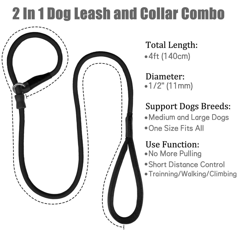 Strong Slip Rope Dog Training Leash (4ft) - Heavy Duty Durable Braided Nylon Lead with Rubber Stopper & Padded Handle - Large Medium Small Dogs No Pull Walking (Black, 1/2" x 4ft) Black - PawsPlanet Australia