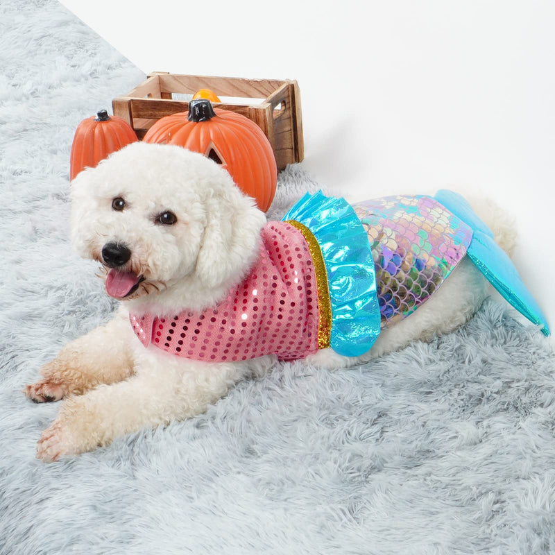 cyeollo Mermaid Dog Costume Halloween Clothes for Doggie Sequin Mermaid Small Dog Party Outfit Funny Pet Costumes for Small Dogs Size S