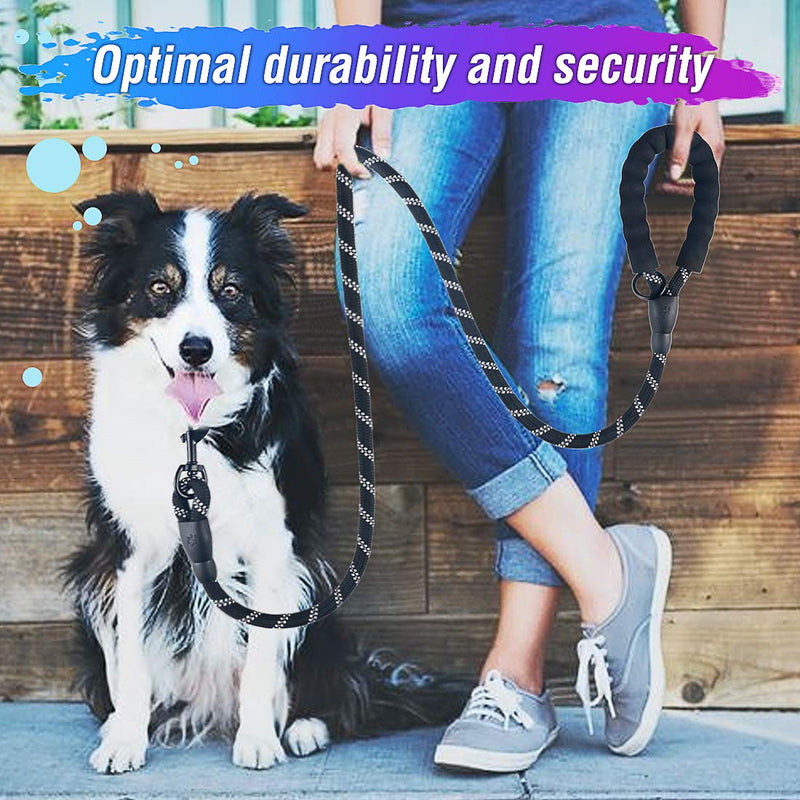 2 Pack Dog Leash 6 FT Thick Durable Nylon Rope - Comfortable Padded Handle Reflective Rope Dog Leash for Medium Large Dogs with Collapsible Pet Bowl and Garbage Bags (6FT-Blue + Black) 1/2"x 6 FT (18~120 lbs.) Set 01- Black+Blue