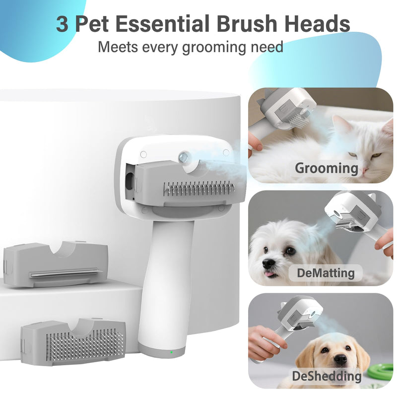 5-in-1 Pet Steam Brush for Dogs & Cats-Self-Cleaning Steam Dog Brush with 3 Swap-in Heads (Grooming, Dematting, Deshedding),Cat Spray Hair Removal Comb,Includes Pet Essence & Storage Case 8.0"-3 Swap-in Brush - PawsPlanet Australia