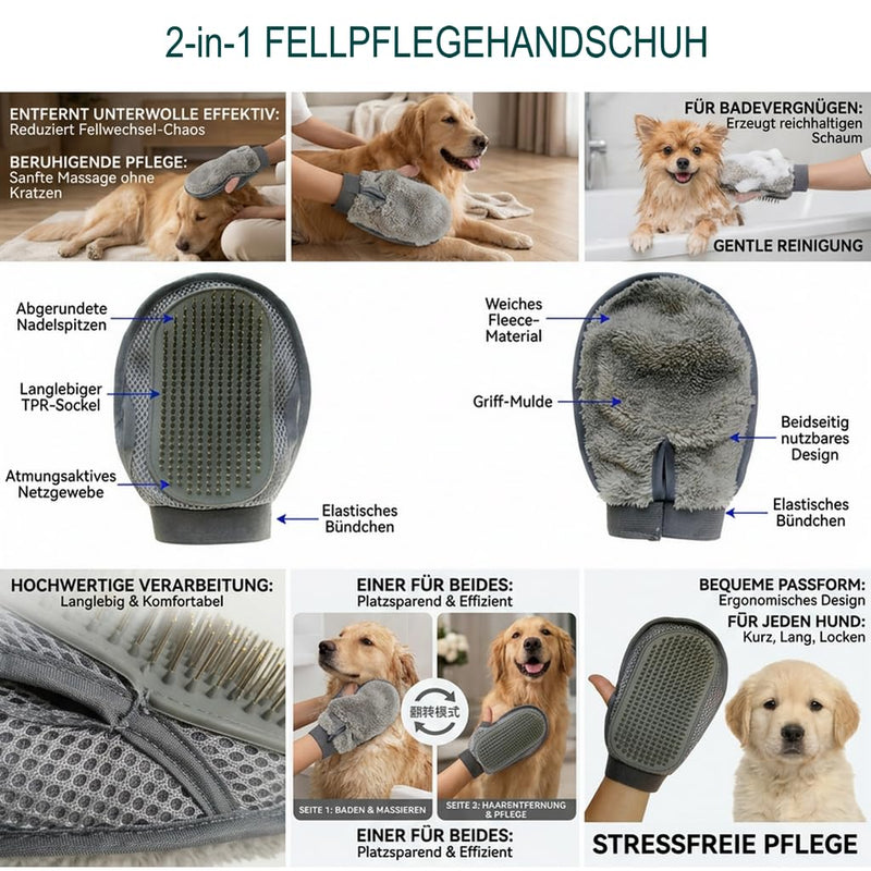 Pet Grooming Glove Double-Sided, Grey, 24 x 16 cm, Massage and Hair Removal Brush for Dogs and Cats, TPR Rubber with Steel Needles, Can be Used Left and Right-Handed