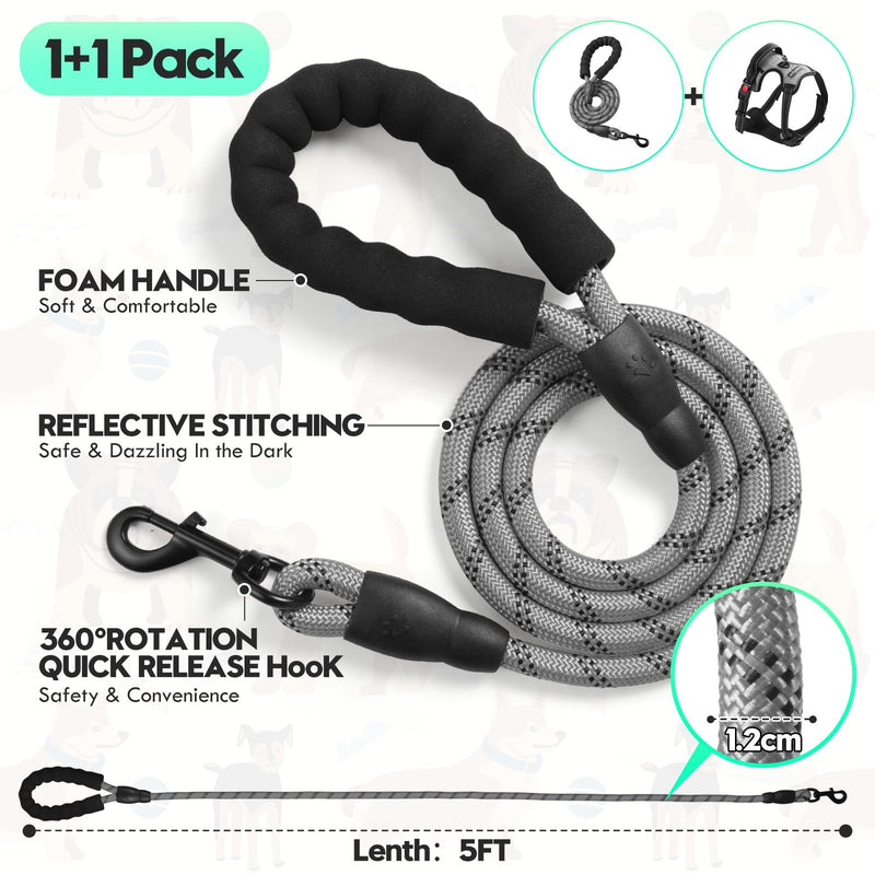 No Pull Dog Harness with A Free Heavy Duty 5FT Dog Leash, Adjustable Soft Padded Dog Vest with Easy-Control Handle, Reflective No-Choke Pet Oxford Vest for Medium Dogs (Grey,M) Grey - PawsPlanet Australia