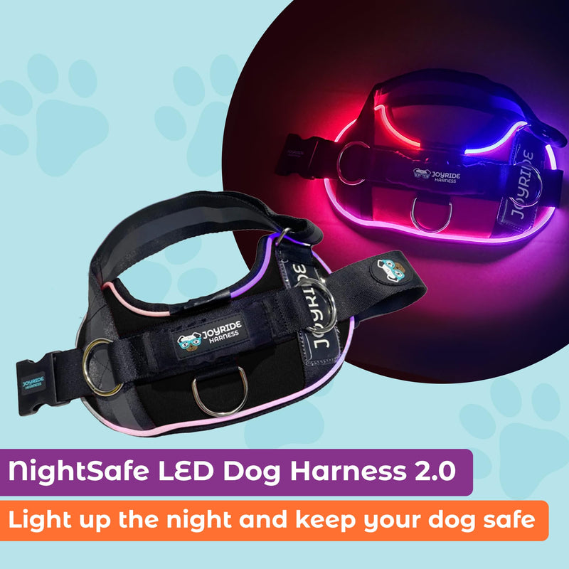 Joyride Harness LED Light Up Dog Harness 2.0 - Patent Pending Design, 3 LED Modes, Vibrant Rechargeable Lighting, Customizable Name Tag Area, and Convenient On/Off Button for Enhanced Pet Safety Black X-Small - PawsPlanet Australia