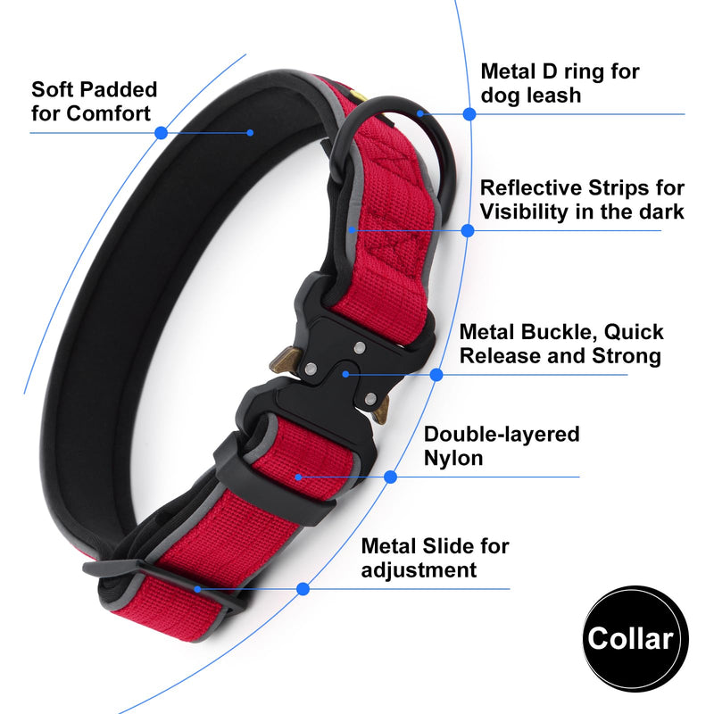 Plutus Pet Tactical Dog Collar, Reflective, Adjustable Heavy Duty Dog Collar, Soft Padded and Comfortable, for Small Medium and Large Dogs (Red, M) Red - PawsPlanet Australia