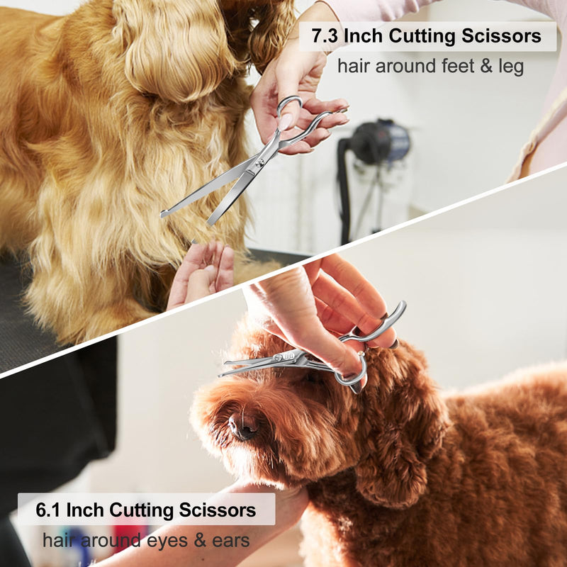 CIICII Dog Grooming Scissors Kit, 7 Inch Professional Pet Grooming Scissors Set with Safety Round Tip (Dogs/Cat Hair Cutting Trimming Thinning Shears with Curved Scissors) for DIY Home Salon (Silver) Silver Dog Grooming Scissors - PawsPlanet Australia