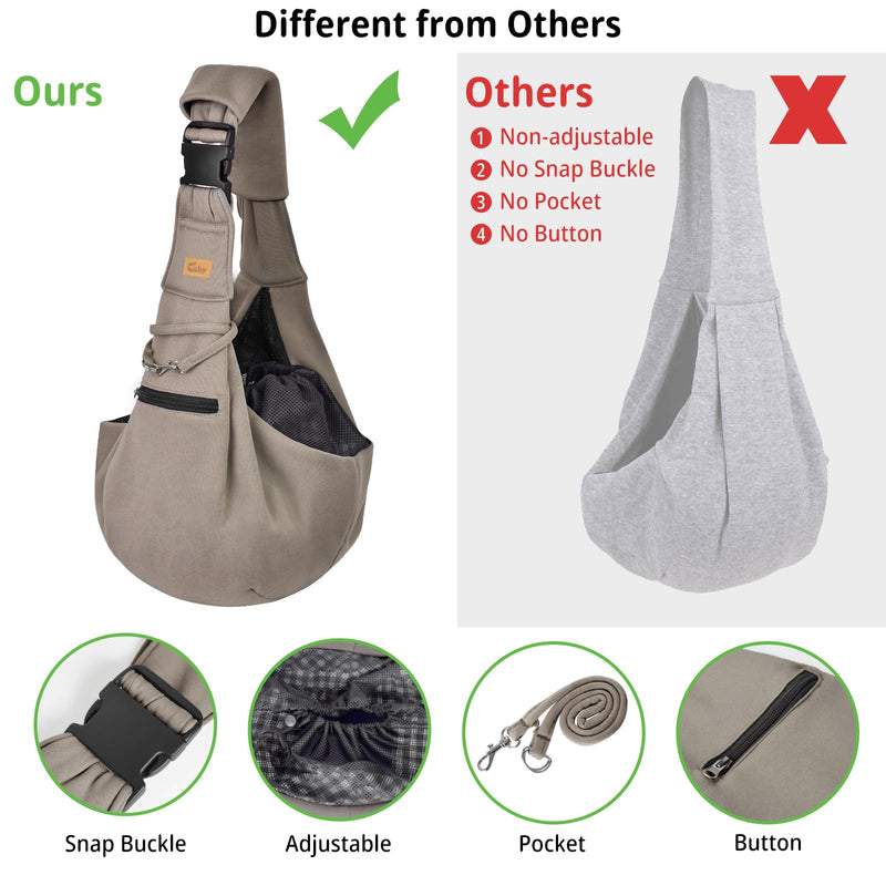 CUBY Puppy Carrier, Adjustable Reversible Cat Dog Sling Carrier for Small Medium Dogs Hands-free Puppy Sling Protect Shoulder Strap with Safety Belt Zipper Pocket Bottom Mat Khaki - PawsPlanet Australia