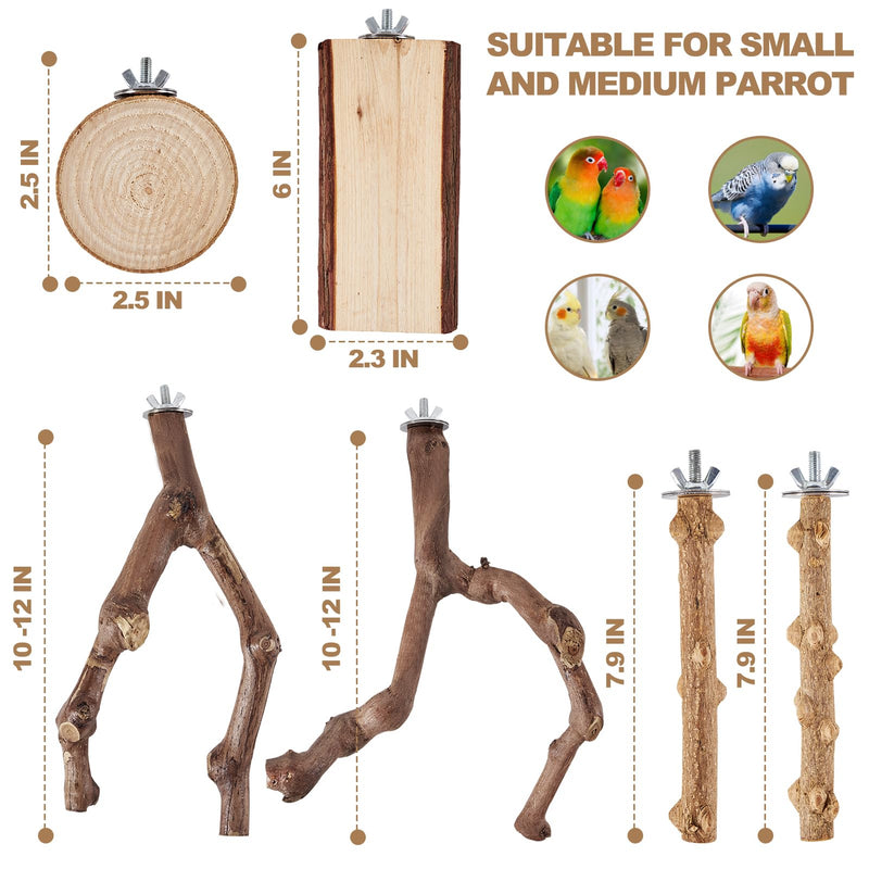 6-Piece Bird Perch Set - Natural Wood Grape Sticks, Paw Grinding Forks, Bird Stand & Toys for Parakeets, Cockatiels, Conure, Budgies - PawsPlanet Australia