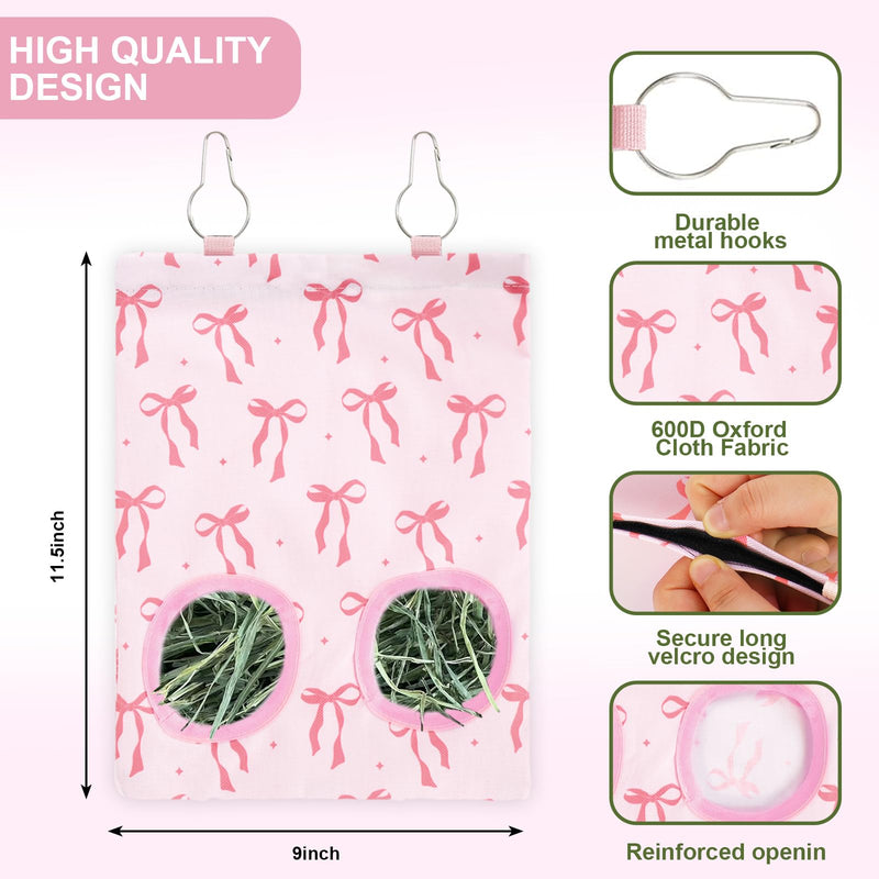 2Pcs Rabbit Hay Feeder Bag with 2 Holes Pink Bow Guinea Pig Hanging Hay Feeding Bag Storage Dispenser for Chinchilla Hamster Bunny Small Animal Pet - PawsPlanet Australia