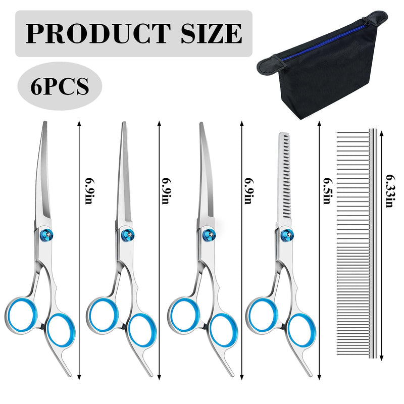 6-Piece Professional Dog Grooming Scissors Set - Curved, Round Tip, Stainless Steel, Pet Hair Trimming Scissors with Storage Bag Blue