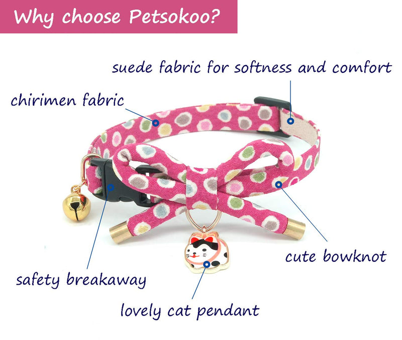 PetSoKoo Cute Bowknot Cat Collar with Bell. Japan Colorful Polka Dots Pattern. Lucky Cat Charm. Safety Breakaway, Soft, for Girl Boy Male Female Adult Cats Small (6-9.5 Inches,16-24cm) Pink - PawsPlanet Australia