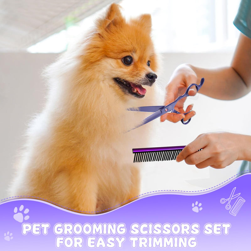 Moontay Dog Grooming Scissors Set Professional, 7 Inch Pet Grooming Scissors, 8 in 1 Straight, Curved, Thinning, Fishbone Scissors with Comb, Tension Adjuster, Cleaning Cloth and Storage Case, Purple