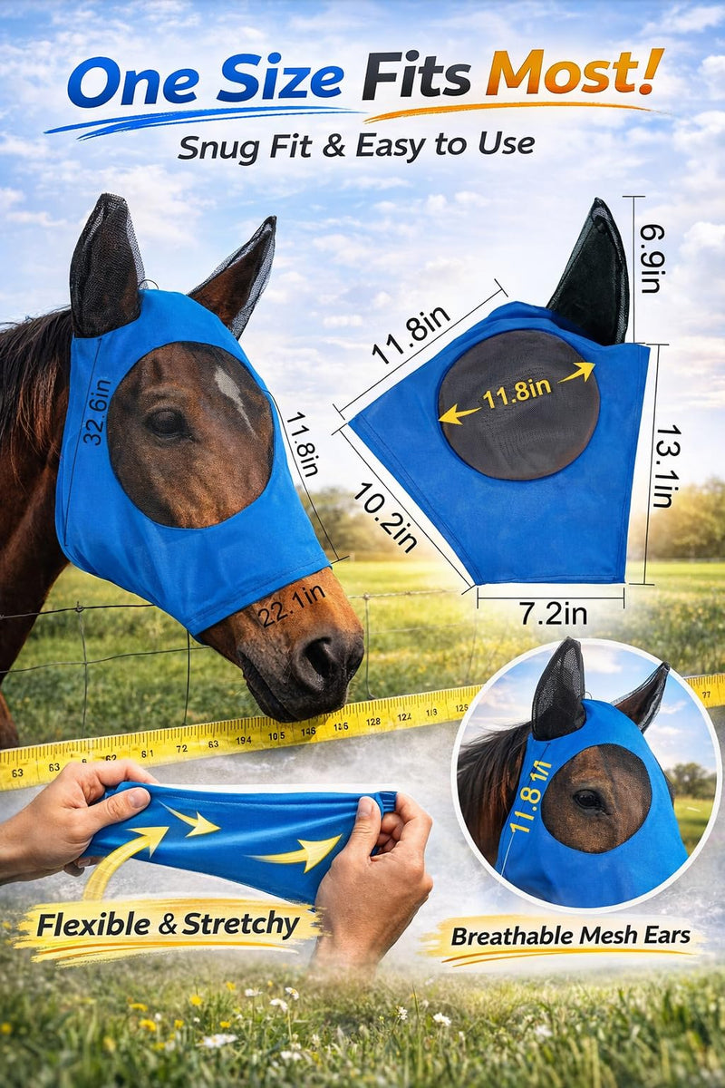 Horse Fly Mask - Arab Equine Fly Mask with Full Coverage for Eye & Ear - Stretchable, UV & Sun Protection Flymask for Horses, Ponies & Mini Horses - Horse Face Cover for Pasture & Trail - 3pack