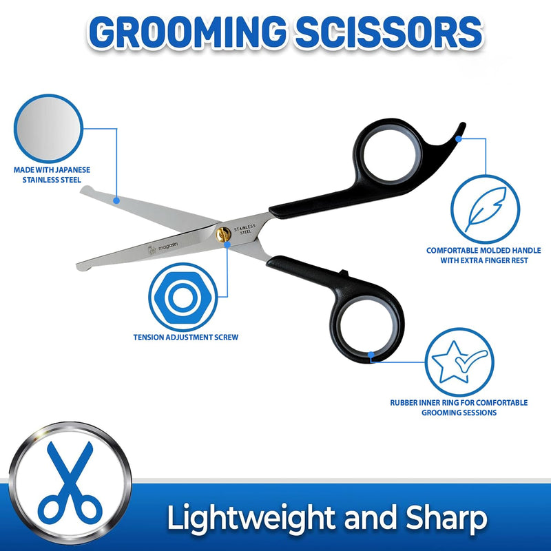 Pet Magasin Japanese Stainless Steel Grooming Scissors (2) for Facial Hair and Larger for Body Trimming with Round Tip (Black) Black - PawsPlanet Australia