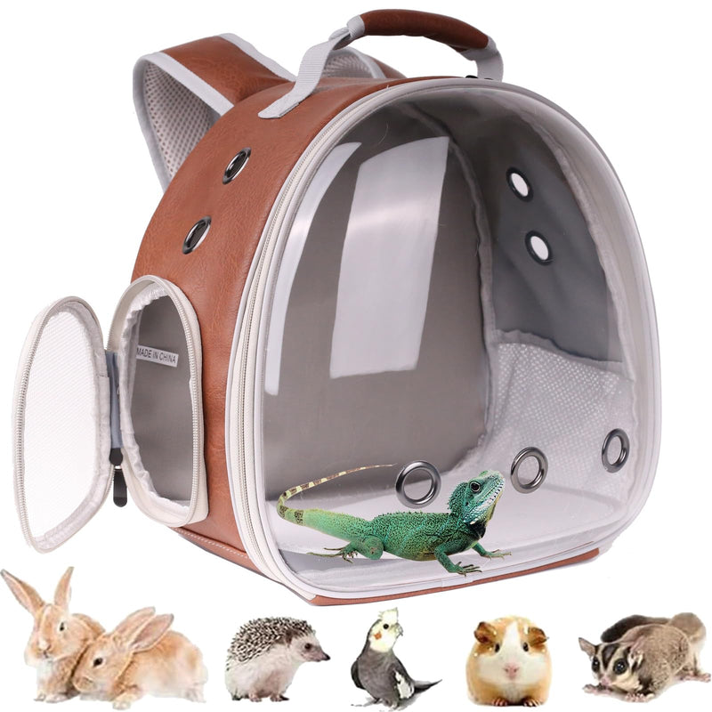 Bearded Dragon Carrier Backpack with Two Security Printing Harness with Leash Sets, Reptile Lizard Travel Bag to Carry and Transport Small Animal Kitten Bunny Guinea Pig to Vet(Brown, PU Leather) Brown - PawsPlanet Australia