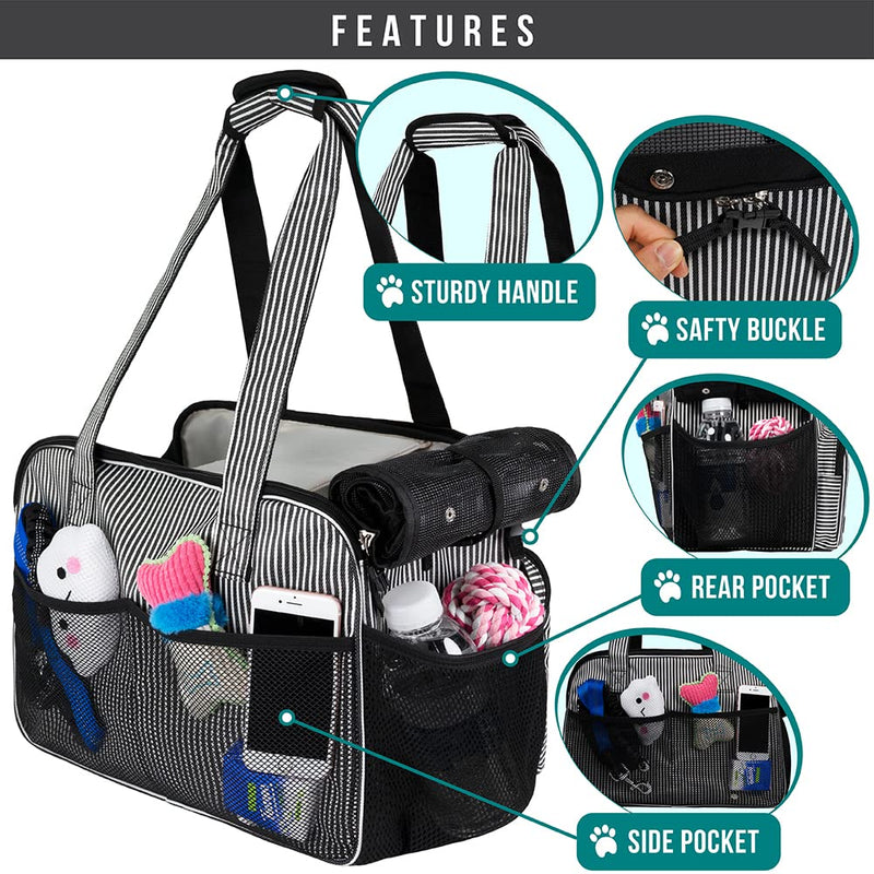 PetAmi Small Dog Purse Carrier, Soft-Sided Pet Carrier Bag with Pockets, Portable Puppy Cat Travel Handbag Tote, Airline Approved Breathable Mesh, Poop Bag Dispenser, Max 18 lbs, Stripe Black - PawsPlanet Australia