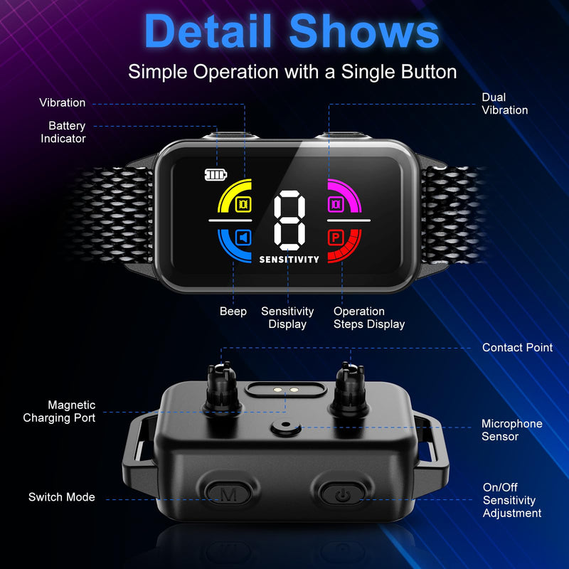 No Shock Rechargeable Dog Bark Collar with 8 Adjustable Sensitivity, Smart Anti Barking Collar with Beep and Vibration Modes for Large Medium Dogs (Black) Q11V-black - PawsPlanet Australia