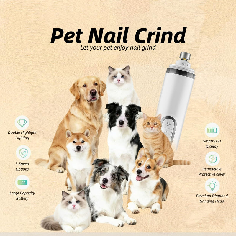 Pet Nail Grinder, 3-Speed Electric Trimmer with Dual LED Lights, 2000mAh Rechargeable for Dogs and Cats, Quiet