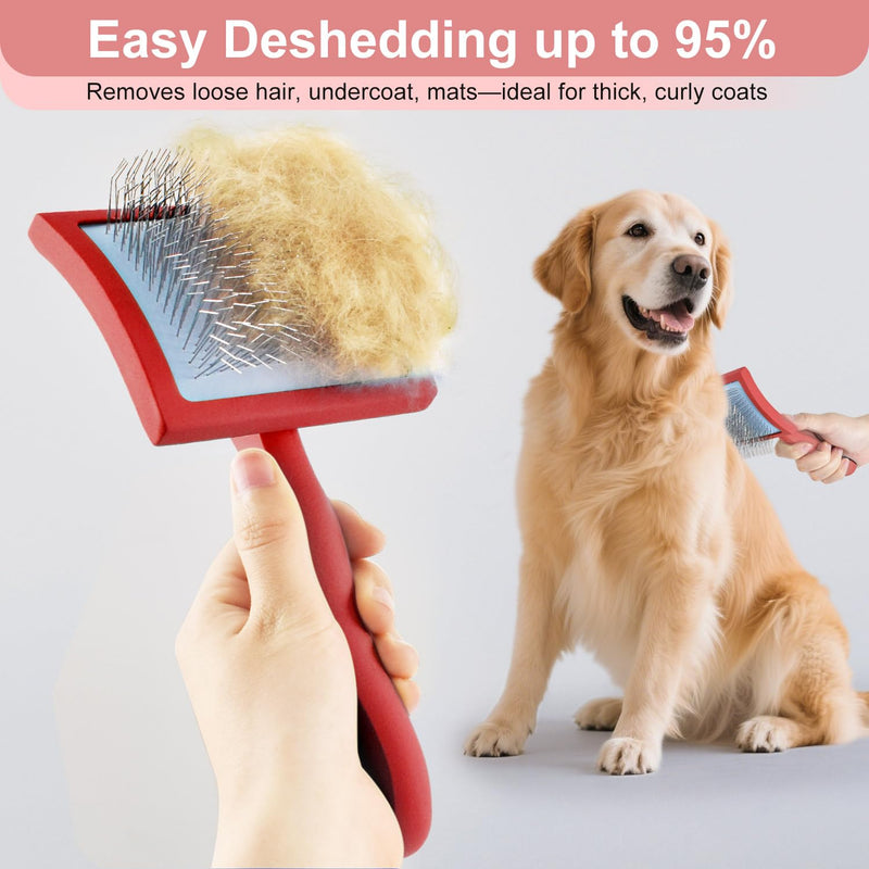 Slicker Brush for Dogs, Slicker Brush for Doodles Long Haired Dog, Goldendoodle Long Pin Detangler for Dematting, Dog Slicker Brushes for Grooming (Large Curved)(Red) Red