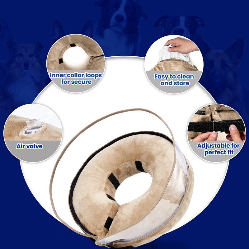 BARKLESS Dog Donut Collar, Inflatable Cone for Dogs to Stop Licking After Surgery, Protective Surgery Collar with Anti-Licking Shield, Soft Pillow Cone for Large Pets Tan L