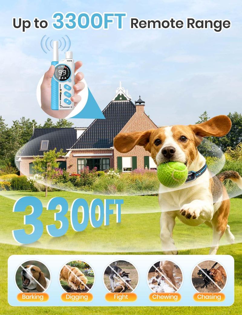 Smart 2-in-1 Dog Shock and Bark Collar - AI Anti-Misoperation, 3300FT Remote Training Collar, IPX7 Waterproof, 4 Modes (Tone, Vibration, Safe Shock, Auto Anti-Bark) for Dogs Blue - Blue - PawsPlanet Australia