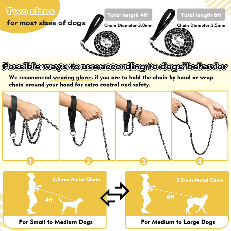 Chain Dog Leash Chew Proof, Metal Chain and Nylon Rope Pet Dog Leash with Padded Handle, Heavy Duty Leashes for Medium Large Dogs Training, Walking 6FT 3.5mm (medium & large dogs) Black