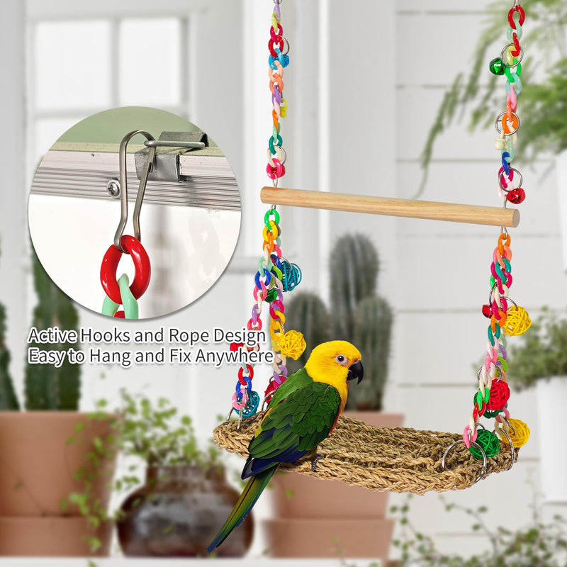 Natural Bird Swing Toys with Wood Perch,Double Layer Bird Seagrass Woven Climbing Hammock with Chewable Perch Stand Chewing Toy for Parakeets,Budgies,Conures,Cockatiels,Lovebirds - PawsPlanet Australia