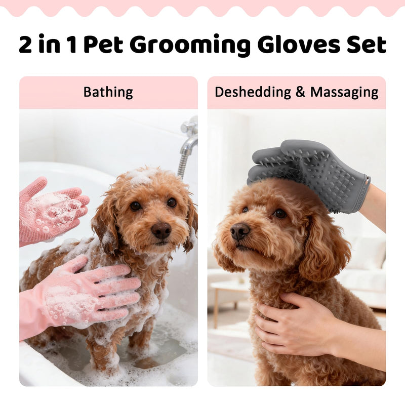 Pet Hair Remover Glove Set, Soft Silicone Dog Washing Gloves for Bathing & Deshedding, 2 Pairs of Pet Grooming Gloves for Dogs, Cats, Horses, Pink & Grey - PawsPlanet Australia