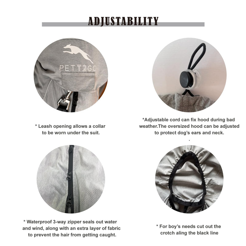 Dog Lightweight Windbreaker, Pet Outdoor Sports Jacket, 0.5 lbs,3 in One, Hooded, Easy on/Off with Collar and Harness, Reflective Piping, Packable, Dog Hiking/Camping, Grey (X-Large) X-Large