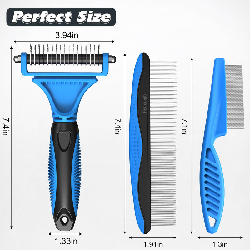 3PCS Pet Grooming Rake & Metal Comb & Flea Comb for Cats and Dogs, Double-Sided Dematting Tool, Extra-Wide Deshedding Dog Brush for Long Hair to Effectively Remove Tangles, Knots and Mats (Blue) A-Blue - PawsPlanet Australia