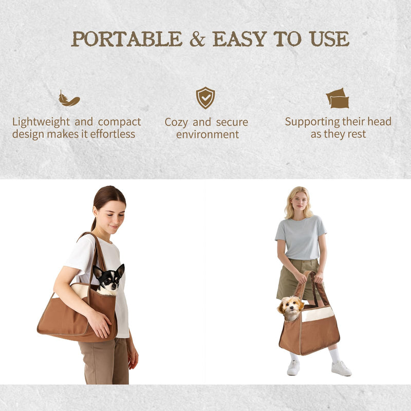Dog Cat Purse Carrier for Small Pets, Dog Carrier with Secure Harness Clip, Zipper Closure Small Dog Cat Bag Carrier for Pets-Brown, Up to 15 Lbs Brown