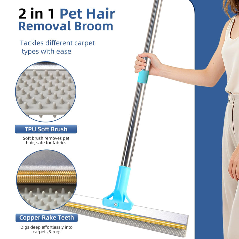 Carpet Rake for Pet Hair Removal - 54" Adjustable 2 in 1 Carpet Broom with Copper Rake Scraper & TPU Brush, Reusable Cat Dog Hair Remover Tool for Deep Cleaning Carpets, Rugs, Mats, and Stairs (Blue) Blue Pro+Mini+Glove - PawsPlanet Australia