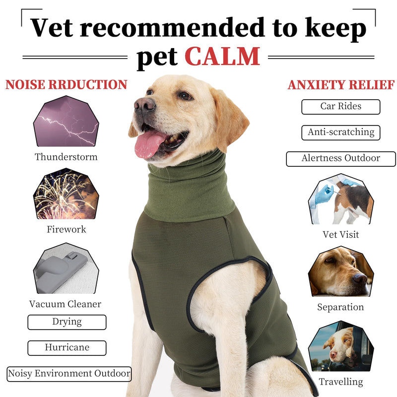 ROZKITCH Dog Anxiety Shirt Calming Jacket with Hoodie Dog Ears Cover 2 in 1, Dog Anxiety Jacket with Ear Wrap for Fireworks Travel Vet Visits Separation Anxiety Relief, Calming Shirt Wrap Green 3XL 3XL(Back:23.6";Chest:30.7"-35.4") ArmyGreen - PawsPlanet Australia